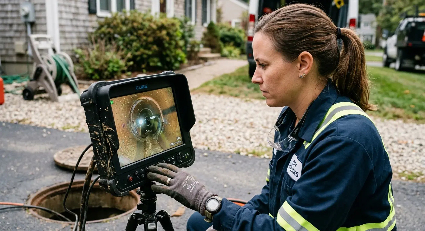Technician reviewing sewer camera inspection footage in Blakely